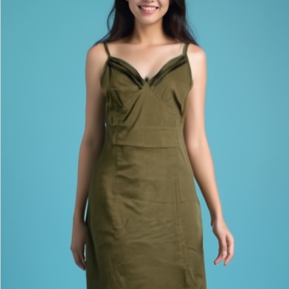 Esprit Olive Green Cotton Midi Dress Structured Bodice 8